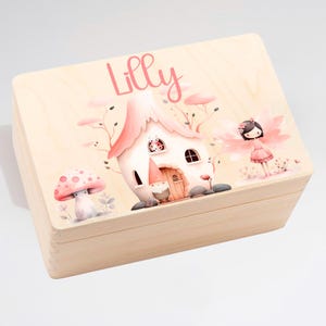 Personalized memory box with name fairy with dwarf house individual wooden box gift birth baptism girl baby