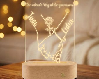 Lámpara LED personalizada con manos y rosa | Luz nocturna con nombre y frase | Regalo romántico para bodas y aniversarios | Regalo de amor