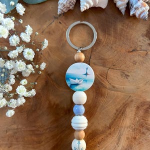 Keyring Pendant Bag Charm Wood Paper Boat Lighthouse Freedom Ocean Sea Ship Maritime Nautical Gift Holiday Summer