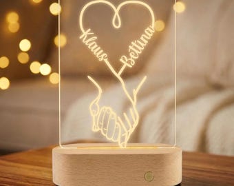 Lámpara de noche personalizada de manos entrelazadas | Lámpara LED acrílica con nombres | Regalo de aniversario para parejas, regalo de boda y regalo de compromiso