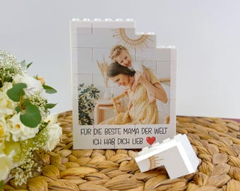 Personalized photo block made of building blocks with your own picture - a photo puzzle as a personal gift for mom for Mother's Day or her birthday.