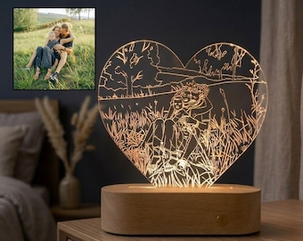 Lámpara de noche personalizada de acrílico con forma de corazón, inalámbrica con batería recargable, grabada y con base de madera: un regalo único para aniversarios, cumpleaños y familia.