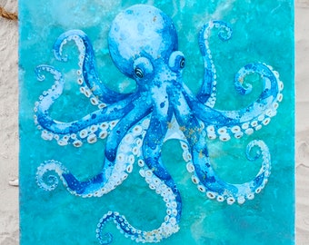 Oktopus Fliese Marmorfliese Meerestier Bild Untersetzer Deko Geschenk maritim nautisch Badezimmer