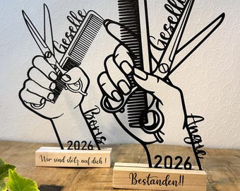 Regalo personalizado para aprobar el examen: oficial, aprendiz, maestro peluquero, barbero | Arte lineal impreso en 3D con base de madera