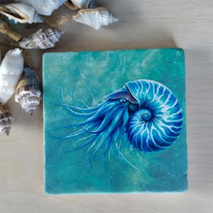 Kakelunderlägg med bild "Nautilus" hav ocean blå present maritim sommar maritimt djurliv dekoration /enkel eller set om 2 (två motiv)