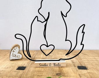 Regalo personalizado para amantes de los animales (perros y gatos) | Decoración con arte lineal | Soporte de exhibición impreso en 3D | Recuerdo para mascotas