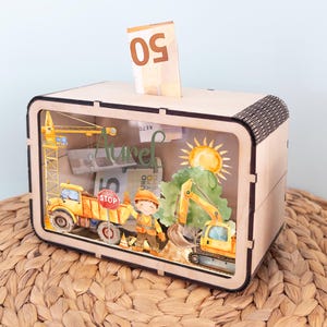 personalisierte Spardose für Kinder "meine Baustelle" Birkenholz Geschenk Junge Kinderzimmer Geburtstag Taufe Einschulung Kindergarten