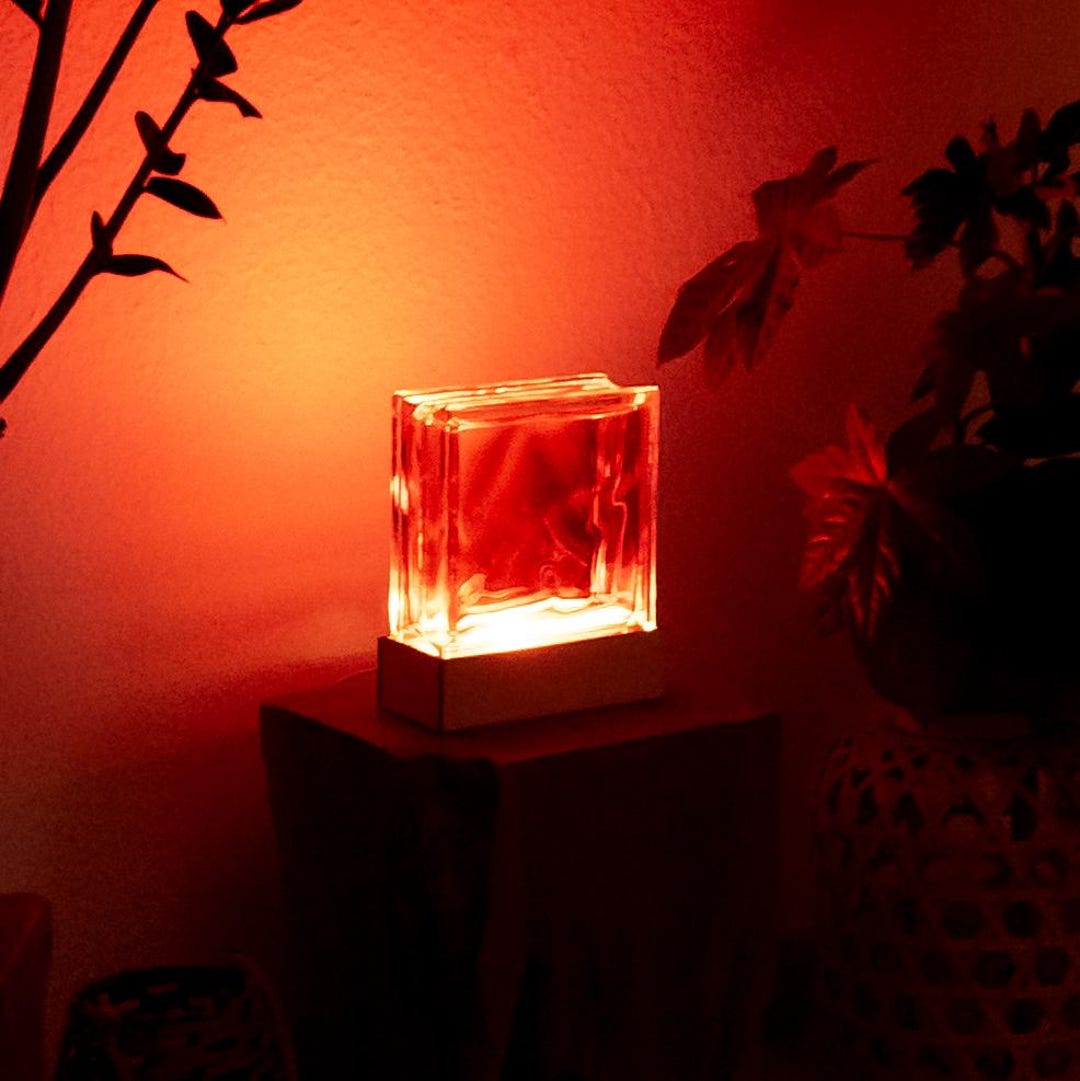 Red Glass Block Lamp With Wooden Base | Handmade Retro Lamp | Mood ...