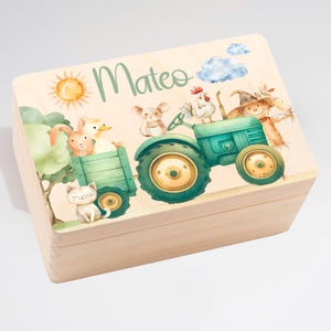 Caja de recuerdos, caja de almacenamiento, caja de madera, granja personalizada "Animales de Granja", tractor, bebé, niño, cumpleaños, bautismo nacimiento, regalo