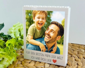 Bloque fotográfico personalizado hecho con bloques de construcción con tu propia foto y texto. Idea de regalo de rompecabezas fotográfico LEGO para papá para el Día del Padre o cumpleaños.