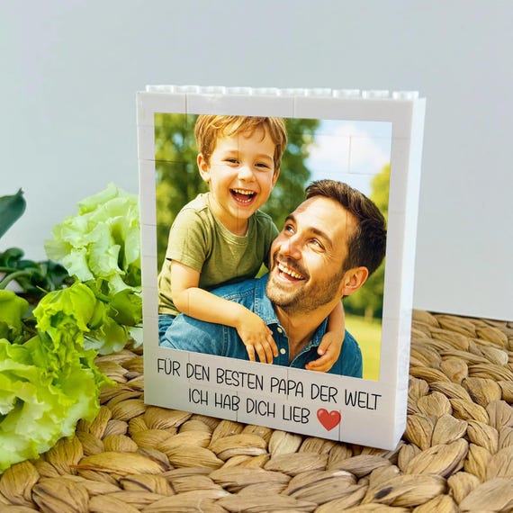 Personalisierter Fotoblock aus Klemmbausteinen mit eigenem Bild und Text LEGO Foto Puzzle Geschenkidee für Papa zum Vatertag oder Geburtstag