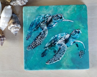 Posavasos de azulejos con imagen "Tortuga" de mar azul océano, regalo marítimo, verano, vida marina, decoración / individual o juego de 2 (dos motivos)