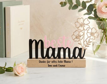 Soporte personalizado para el Día de la Madre con nombre y texto | Decoración de madera con flores impresas en 3D | Regalo único para el Día de la Madre