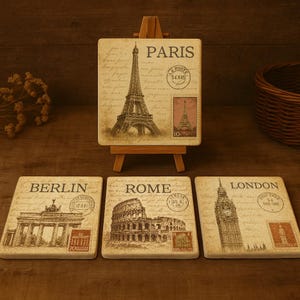 Porta-copos de azulejos estilo cartão postal vintage – Paris, Berlim, Roma, Londres | Decoração urbana retrô | Ideia de presente com azulejo impresso