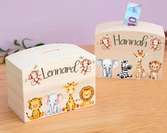 Hucha infantil personalizada "Safari 2" - regalo para niños, niños y niñas, habitación infantil, cumpleaños, regalo personalizado, decoración infantil, animales