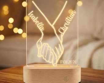 Lámpara LED personalizada de manos entrelazadas con fecha | Luz nocturna con nombres | Regalo de boda y aniversario | Lámpara grabada para parejas