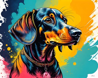 Dachshund with Art Splash Illustration Dog Artwork - digital download