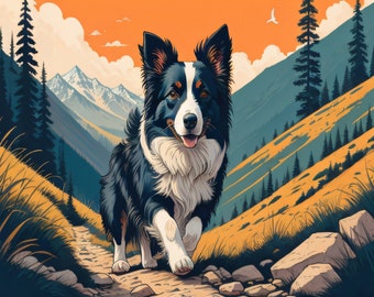 Border Collie on a Mountain Trail -  Illustration Dog Artwork - digital download