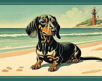 Dachshund Dog on Beach Artwork vintage style - digital download