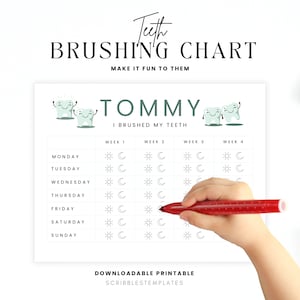Toothbrush chart, Teeth-Brushing, Morning and Evening Brushing Chart, Printable, Edit in Canva, Green