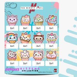 24 etiquetas adesivas infantis personalizadas | Etiquetas de nome | Etiquetas para garrafas de água | Etiquetas Escolares | Gatinhos Cupcake