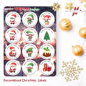 Zwarte Kerstman-kerstlabels, gepersonaliseerd stickerpakket op maat - 24 stuks