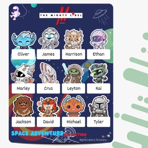 24 gepersonaliseerde stickers voor kinderen | Naamlabels | Etiketten waterflessen | Schoollabels | Ruimtethema