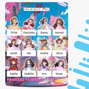 24 etiquetas adesivas infantis personalizadas | Etiquetas de nome | Etiquetas para garrafas de água | Etiquetas Escolares | Tema Princesa