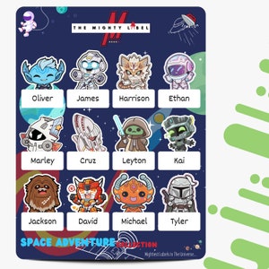 24 etiquetas adesivas com tema de espaço infantil personalizadas | Etiquetas de nome | Etiquetas para roupas | Etiquetas escolares
