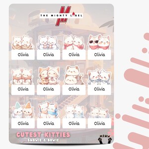 24 Etiquetas adhesivas personalizadas para niños / Etiquetas de nombre / Etiquetas de botellas de agua / Etiquetas escolares / Tema de gato