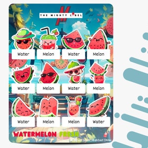 24 personalisierte Kinder-Aufklebeetiketten | Namensschilder | Wasserflasche Etiketten | Schuletiketten | Wassermelone