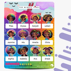24 etiquetas adesivas infantis personalizadas | Etiquetas de nome | Etiquetas para garrafas de água | Etiquetas Escolares | Magia da Garota Negra