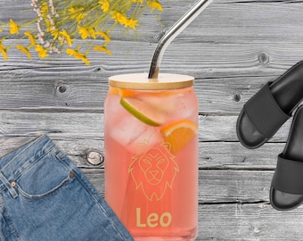 Can-Shaped Sipper Glass with Bamboo Lid and Metal Straw (16 oz) - Leo