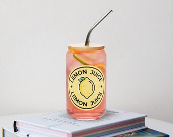 Can-Shaped Sipper Glass with Bamboo Lid and Metal Straw (16 oz) - Lemon Juice