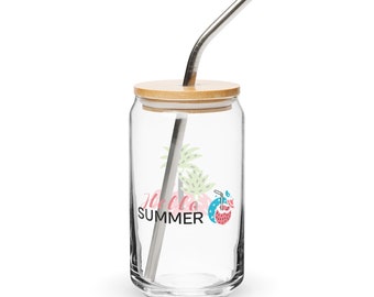 Can-Shaped Sipper Glass with Bamboo Lid and Metal Straw (16 oz) - Hello Summer