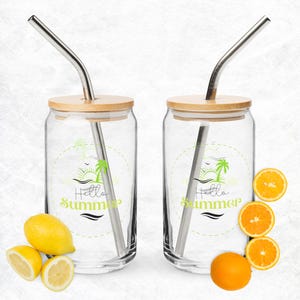 Can-Shaped Sipper Glass with Bamboo Lid and Metal Straw (16 oz) - Hello Summer