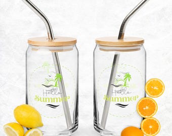 Can-Shaped Sipper Glass with Bamboo Lid and Metal Straw (16 oz) - Hello Summer