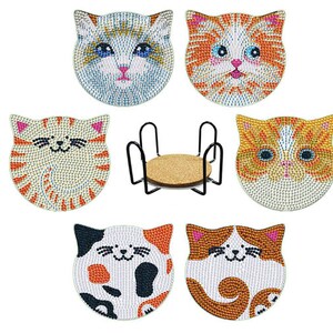Cute Cat-DIY Diamond Painting Coaster Kit, Mosaic Making Wooden Gift, Adult Small  Diamond Painting Kit 6pcs