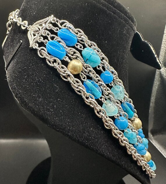 19" CORO 5 Strand necklace Blue beads and silver … - image 3