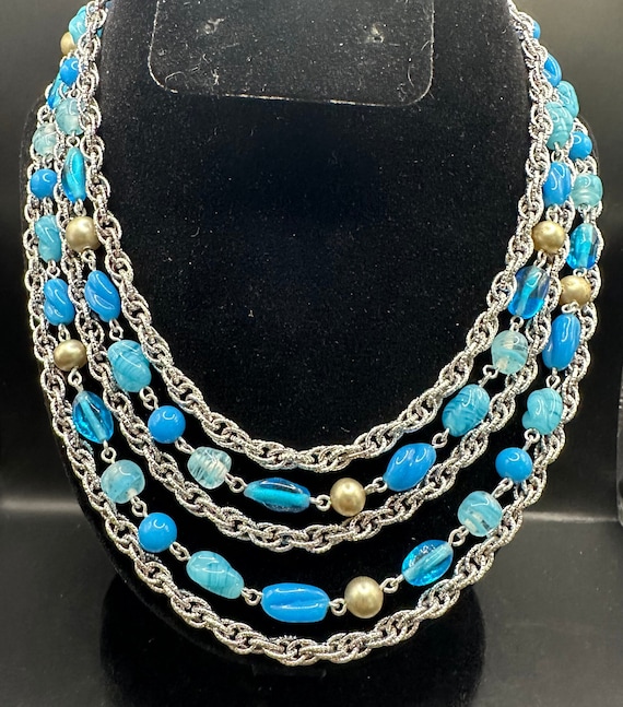 19" CORO 5 Strand necklace Blue beads and silver … - image 2