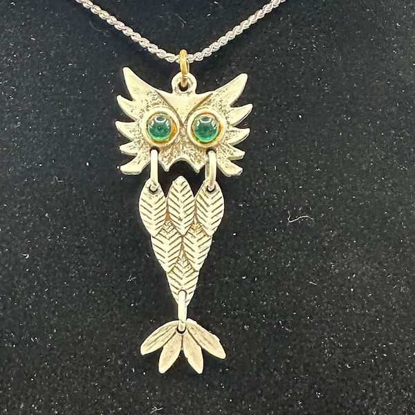 Super Cute Owl Necklace with Green Eyes, Head, body and tail are separate and dangle.