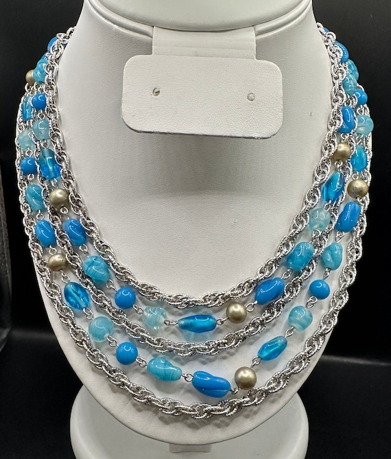 19" CORO 5 Strand necklace Blue beads and silver … - image 1