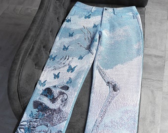 Butterfly Skeleton woven tapestry jeans / Urban clothing / Streetwear jeans/ gift for men / boys urban clothing / skeleton