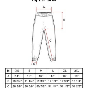 May include: A size chart for sweatpants with measurements in inches for waist, inseam, and leg opening. The chart includes sizes XS through 2XL.
