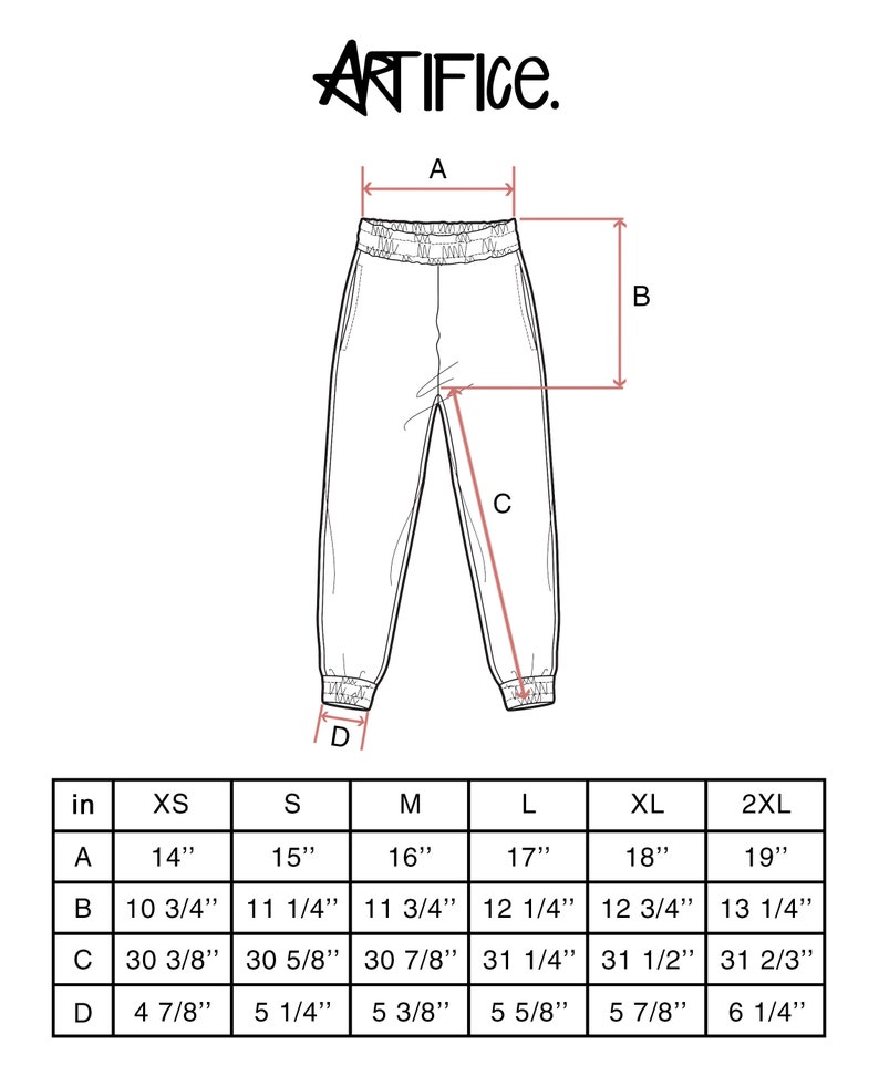 May include: A size chart for sweatpants with measurements in inches for waist, inseam, and leg opening. The chart includes sizes XS through 2XL.