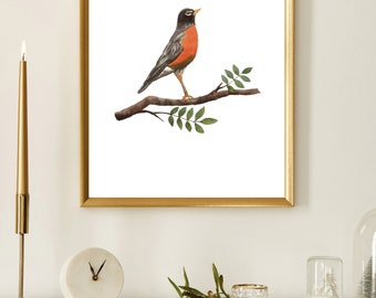 Bird Print, Robin Wall Art, Robin Art Print, Red Robin Wall Art, Printable Robin, Bird Art Print, Robin Painting Art, Cottage Art Print