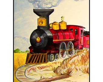 Vintage Style Train Digital Print - Gold, Black, Red - Illustrative Traditional Art - 11x14"