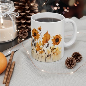 Pressed Sunflower Mug, Boho Sunflowers Coffee Mug, Vintage Botanical Tea Cup, Sunflower Natural Mug, Flower Garden Lover Gift