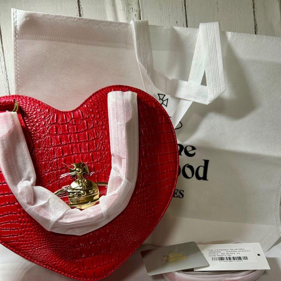 Vivienne Westwood Red & Black Heart Bag Croc Embossed 2Way Shoulder Authentic