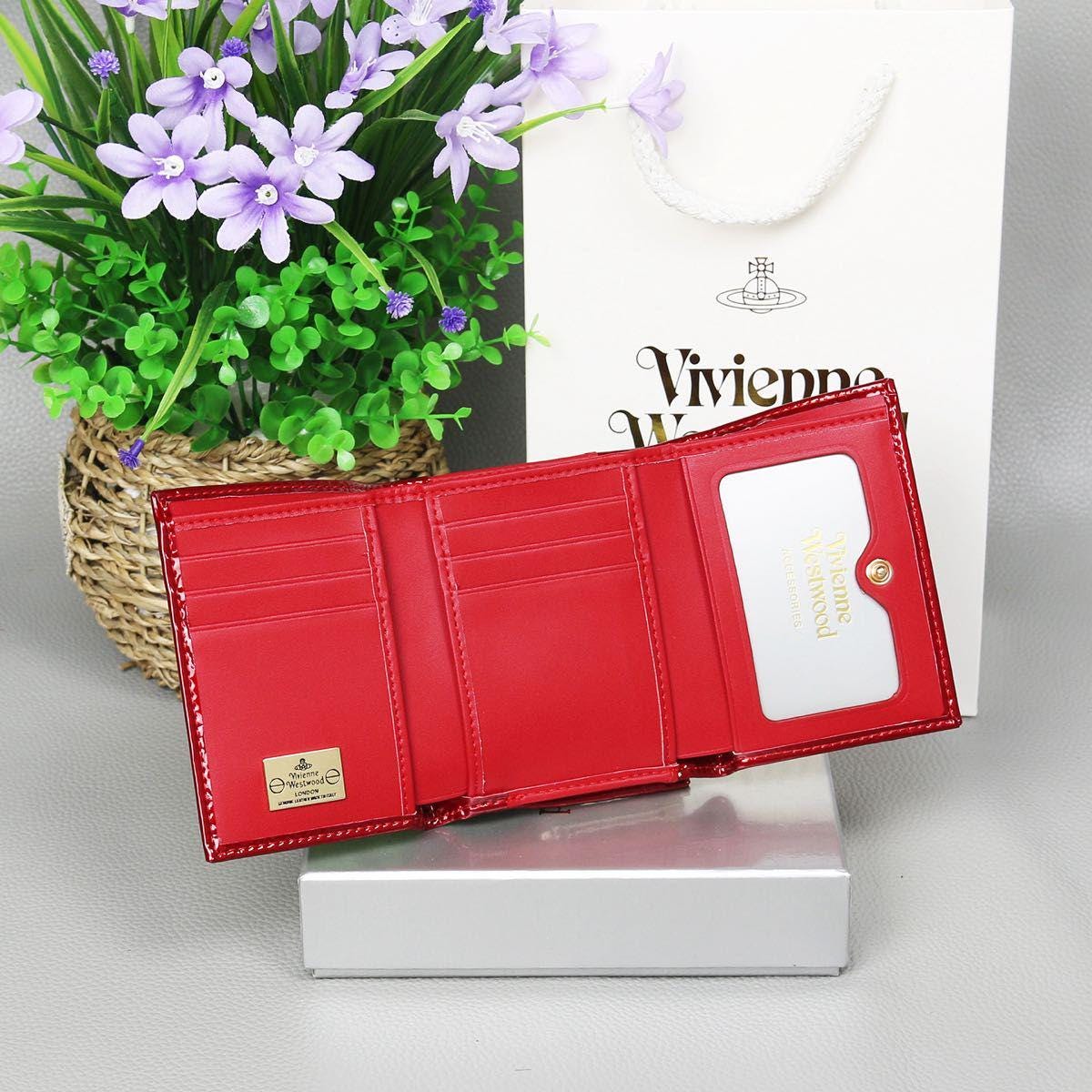Vivienne Westwood Red Enamel Trifold Wallet Gold Orb Logo